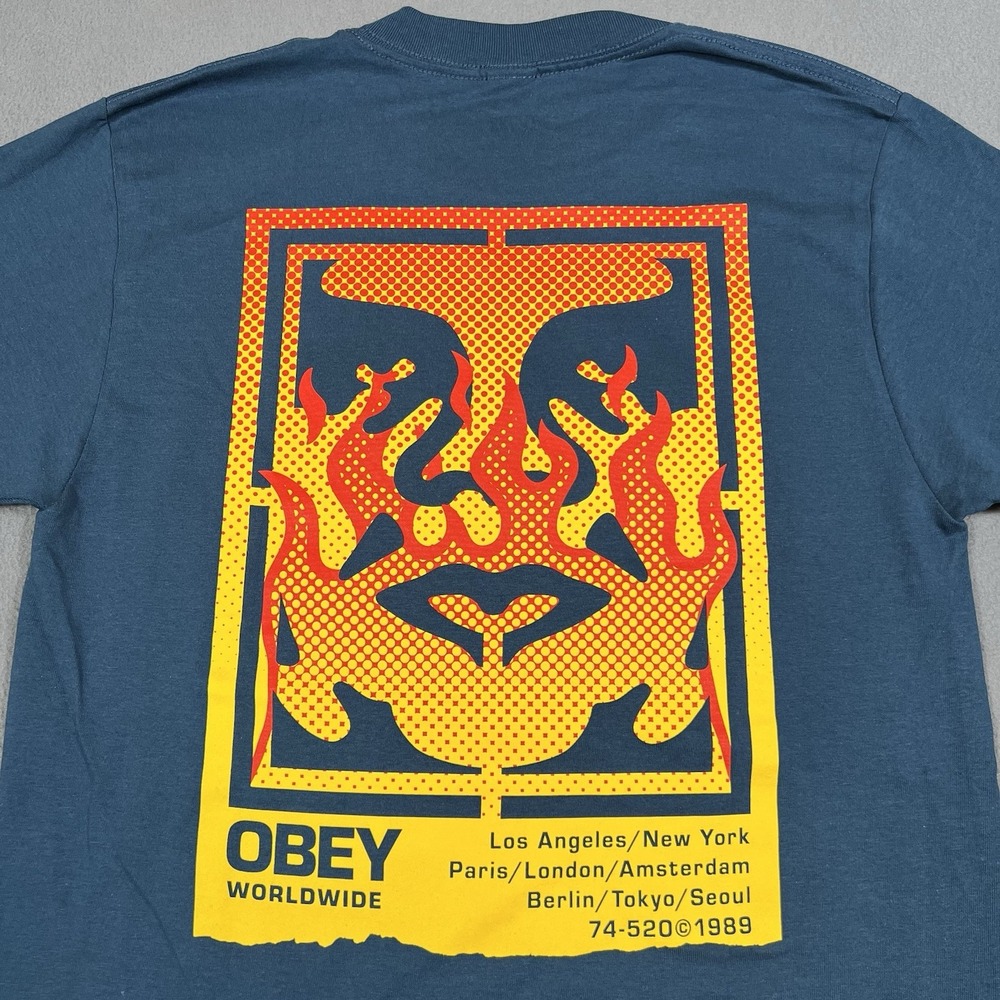 OBEY T Shirt Mens‎ Small Blue Flames Giant Face Logo Worldwide